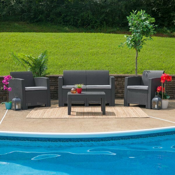 Flash Furniture FF DAD-SF-112T-DKGY-GG 4-Piece Dark Gray Faux Rattan Patio Set with 2 Chairs Loveseat and Table 354SF112TDGY